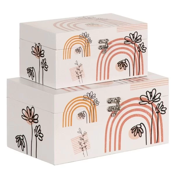 Set of Chests 30 x 18 x 15 cm Flowers Canvas DMF (2 Pieces)