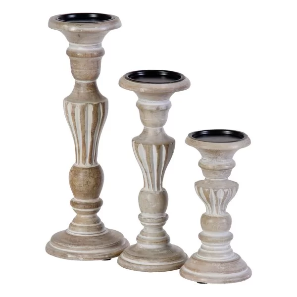Candleholder 14 x 14 x 37,5 cm Metal Wood White (3 Units)