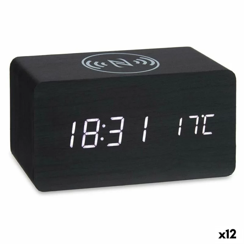 Alarm Clock with Wireless Charger Black PVC MDF Wood 15 x 7,5 x 7 cm (12 Units)