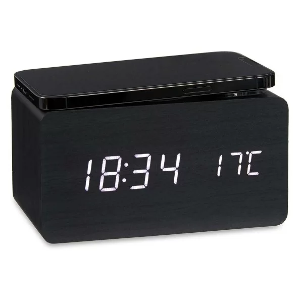 Alarm Clock with Wireless Charger Black PVC MDF Wood 15 x 7,5 x 7 cm (12 Units)