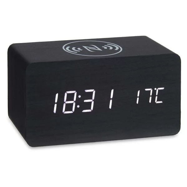 Alarm Clock with Wireless Charger Black PVC MDF Wood 15 x 7,5 x 7 cm (12 Units)