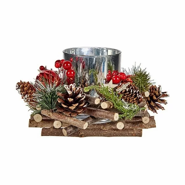 Christmas Candle Holder Wood Red Green Silver Natural 20 x 11 x 20 cm (4 Units)