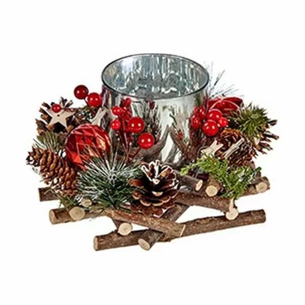 Christmas Candle Holder Wood Red Green Silver Natural 20 x 11 x 20 cm (4 Units)