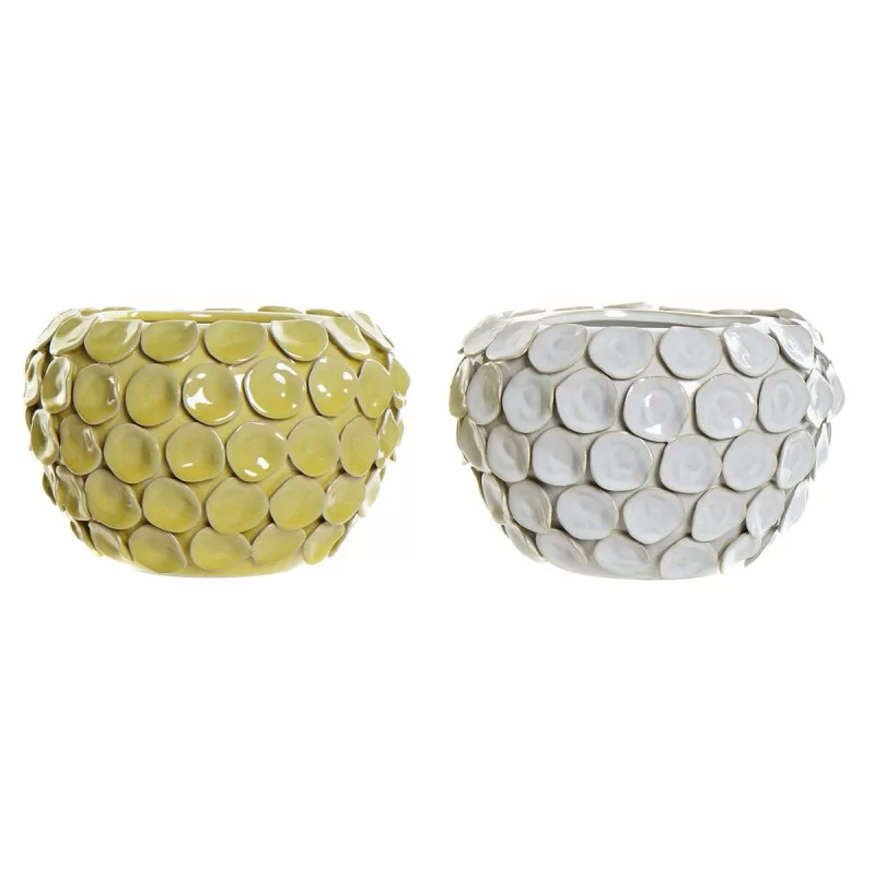 Vase DKD Home Decor 24,5 x 24,5 x 17 cm White Stoneware Modern With relief Mustard (2 Units)
