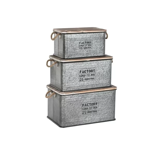 Set of Chests Home ESPRIT Silver Dark brown Metal Vintage 60 x 38 x 32,5 cm