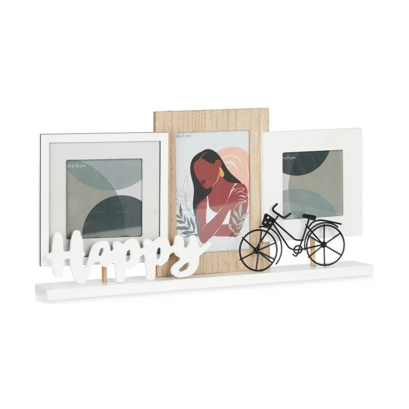 Photo frame Happy 3 photos Brown White MDF Wood...