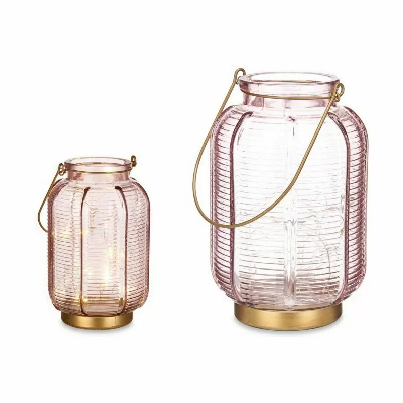 LED Lantern Stripes Pink Golden Glass 13,5 x 22...