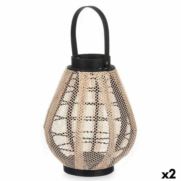 Candleholder Lantern With handle Beige Wood Cloth 25 x 30 x 25 cm (2 Units)
