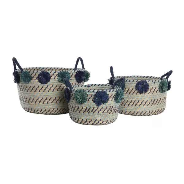 Basket set DKD Home Decor 46 x 44 x 34 cm Pompoms polypropylene Seagrass