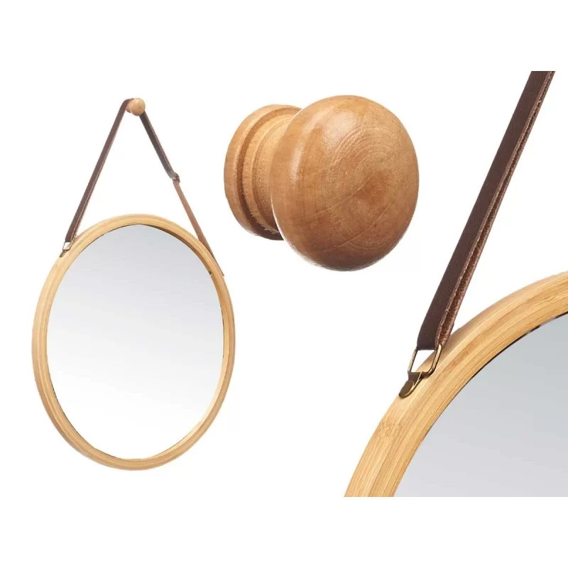 Hanging mirror Natural Leather Bamboo Circular...