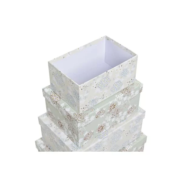 Set of Stackable Organising Boxes DKD Home Decor Beige Green Flowers Cardboard (43,5 x 33,5 x 15,5 cm)