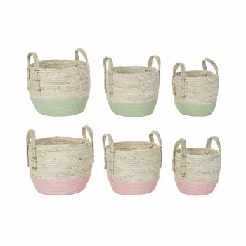Basket set DKD Home Decor Natural Pink Green Natural...