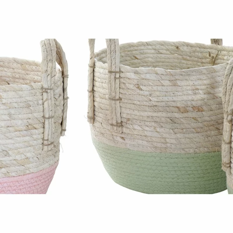 Basket set DKD Home Decor Natural Pink Green...