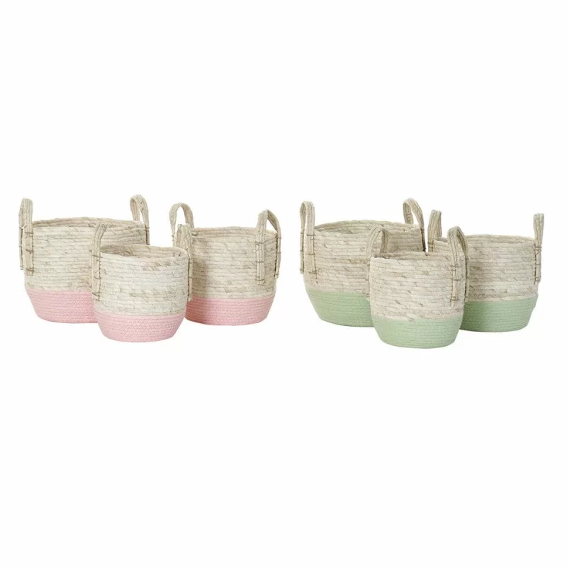 Basket set DKD Home Decor Natural Pink Green...