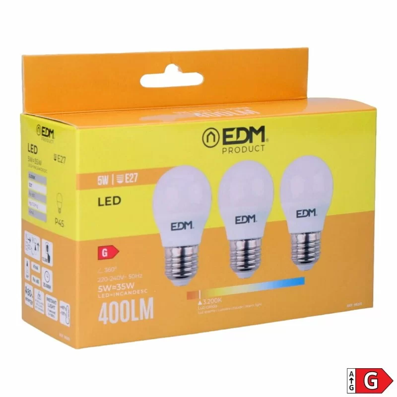 Pack of 3 LED bulbs EDM G 5 W E27 Ø 4,5 x 8 cm...