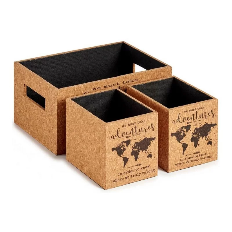 Set of decorative boxes Brown World Map 3 Pieces Cork MDF Wood