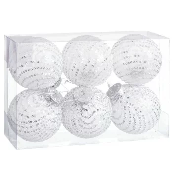 Christmas Baubles White Silver Plastic Fabric Sequins 8 x...