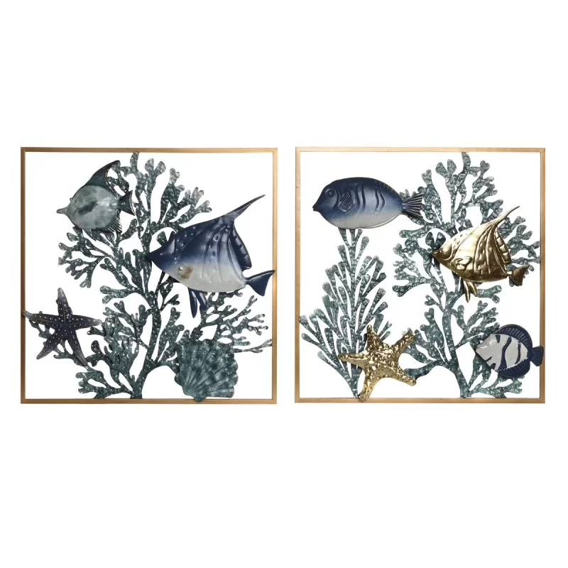 Wall Decoration Home ESPRIT Blue Golden Mediterranean Fish 50 x 4 x 50 cm (2 Units)