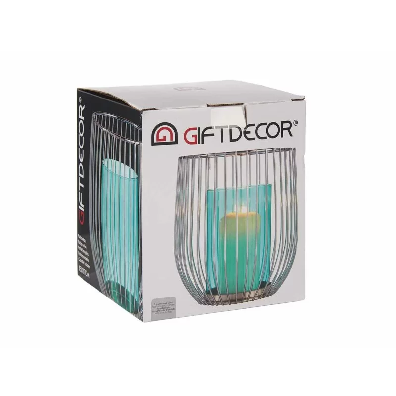 Candleholder Silver Blue Cage Metal Glass (15 x...