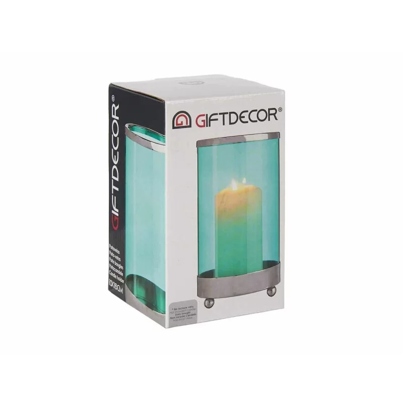 Candleholder Silver Blue Cylinder Metal Glass...