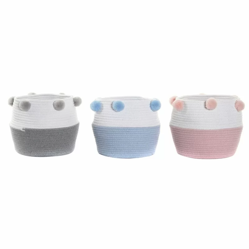 Basket DKD Home Decor Grey Sky blue Light Pink Wood Pompoms 30 x 30 x 26 cm (3 Pieces)