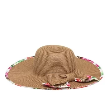Wide-brimmed Straw Hat Flowers Pink