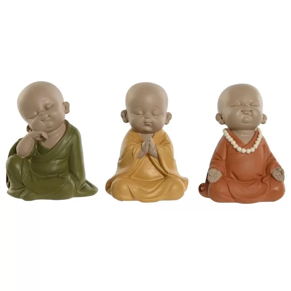 Decorative Figure Home ESPRIT Yellow Green Orange Monk Oriental 10,5 x 9 x 13,5 cm (3 Units)