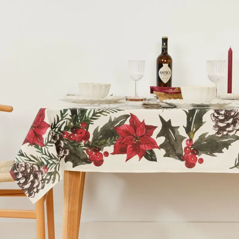 Stain-proof resined tablecloth Muaré Christmas Flowers 140 x 140 cm