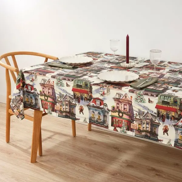 Stain-proof resined tablecloth Muaré Christmas City 250 x 140 cm