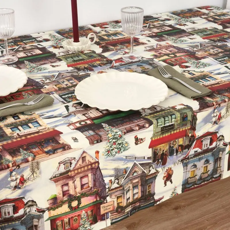 Stain-proof resined tablecloth Muaré Christmas City 300 x 140 cm